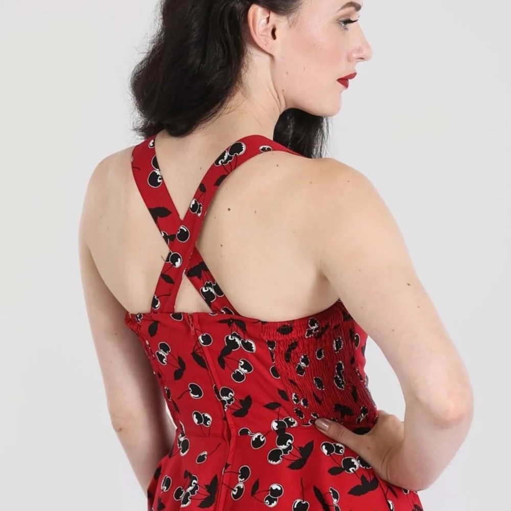 Hell Bunny Alison Retro Cherry Print Halter Dress Size 16UK - Picture 4 of 13